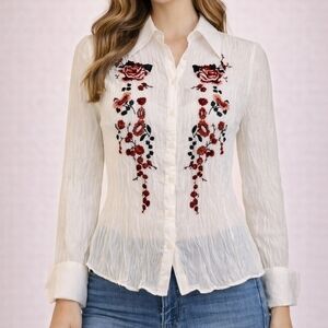 SLB 1990s Floral Embroidered White Crinkle Chiffon Button Down Shirt
